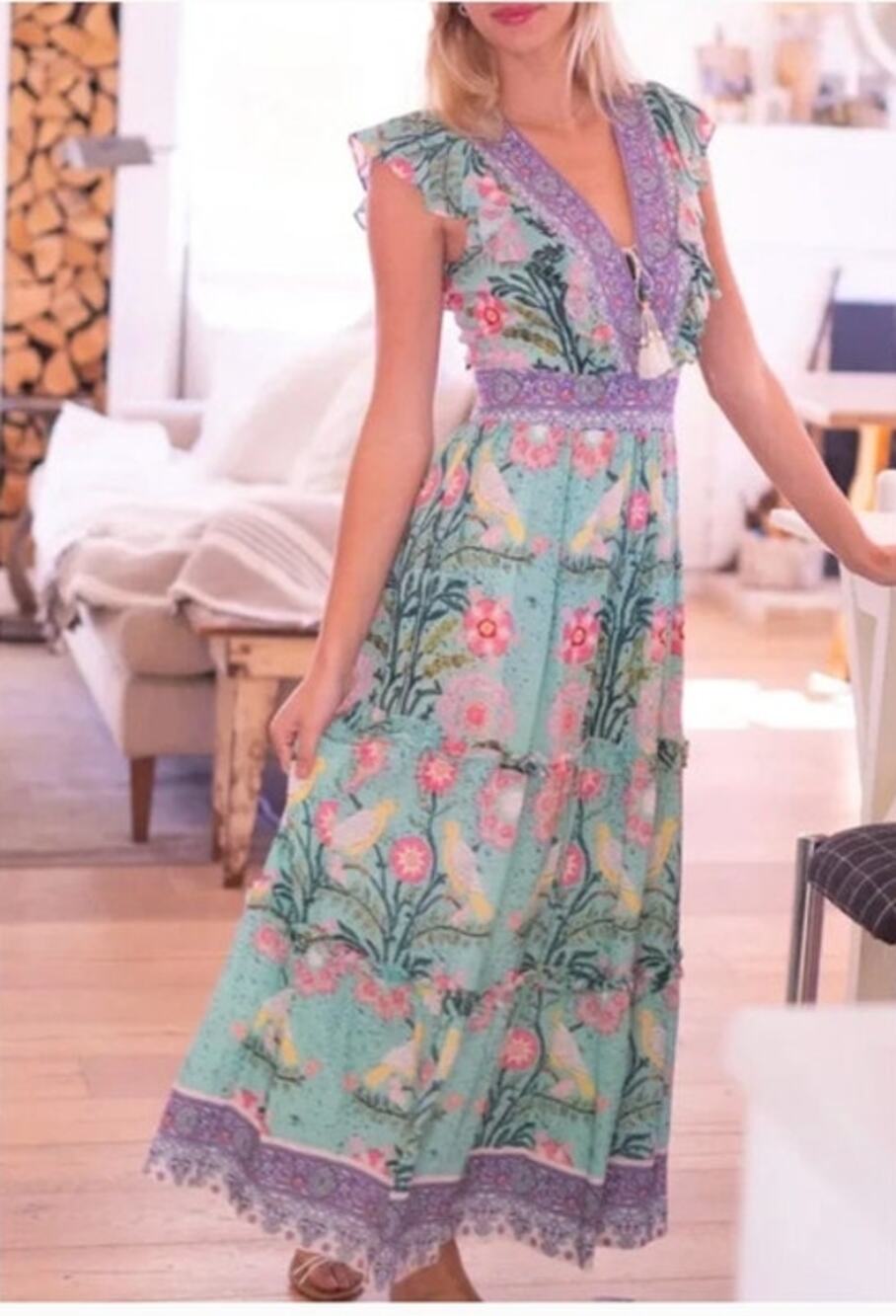 BELL by ALICIA BELL Sz XS Chloe Mint Green Pink Bird Print Maxi Dress